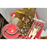 A BOX OF METALWARES, including copper and brass hooks, quartz movement carriage clock, fish