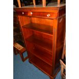 A REPRODUCTION CHERRYWOOD OPEN BOOKCASE, width 91.5cm x depth 40cm x height 152.5cm