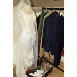 A BRIDAL GOWN, VEIL AND HEADDRESS, together with various handbags, faux fur hat and gloves,