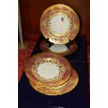 FOUR BOXED ROYAL CROWN DERBY PLATES, A1359 'Heritage' pattern, pink and lilac bands with gilt