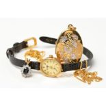 A COLLECTION OF JEWELLERY, to include a 9ct gold Zales ladies quartz wristwatch, fitted to a black