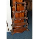 A DISTRESSED VICTORIAN WALNUT BARLEY TWIST FIVE TIER WHAT NOT, height 117cm (losses)