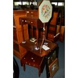 AN EDWARDIAN DROP LEAF OCCASIONAL TABLE, with a single drawer on brass casters, together with an