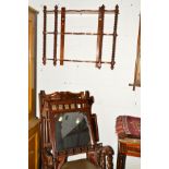 A VICTORIAN PINE THREE TIER BOBBIN TURNED WALL SHELVES, together with an Edwardian wall mirror and