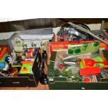 FOUR BOXES OF SUNDRY ITEMS, to include toys, books, model railway items (two empty Hornby boxes),