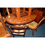 A VICTORIAN MAHOGANY OVAL TILT TOP TEA TABLE, together with four various period chairs (5)