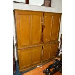 A VICTORIAN SCUMBLED PINE PANELLED FOUR DOOR HOUSEKEEPERS CUPBOARD, width 155cm x depth 52cm x