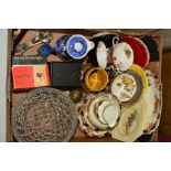 A BOX OF SUNDRIES, GLASS, CERAMICS, ETC, to include footed cut glass posy bowl, teaware (queen Anne,