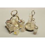 A SIX BOTTLE RECTANGULAR SILVER PLATED CRUET, together with a circular four bottle cruet (2)