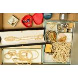 A SMALL BOX OF COSTUME JEWELLERY, to include a rose quartz pendant, imitation pearl necklaces,