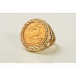 A SOVEREIGN 9CT GOLD RING, the full sovereign for 1908 within a 9ct gold mount with pierced,
