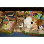 FOUR BOXES AND LOOSE SUNDRY ITEMS, to include soft toys, babies toys, annuals, vintage novels,