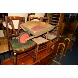 FOUR VARIOUS OAK CHAIRS, together with a wooden child's wheelbarrow, a pine shelving unit, modern