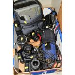 A BOX OF CAMERAS AND EQUIPMENT, including a Nikon FM2 fitted with a 50mm f1.4 lens, a Nikon AF 35-