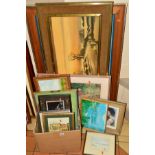 A BOX AND LOOSE PICTURES AND PRINTS ETC, to include a Japanese style silk panel/cuff, framed,
