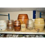 TEN SPIRIT BARRELS, to include glass two gallon whisky and brandy, height approximately 34cm, salt