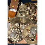 TWO BOXES OF SILVER PLATE, etc, including punch bowl, trays, goblets, rose bowl, candelabra, etc (
