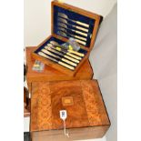A MARQUETRY INLAID WORK BOX, width 22cm x length 29cm, a cased set of fish eaters (not complete,