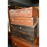 A PAINTED PINE TOOL/BLANKET CHEST together with two suitcases (3)