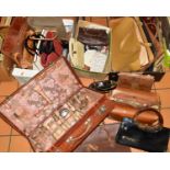 THREE BOXES AND LOOSE HANDBAGS, TRAVELLING SUITCASE, (with contents), etc, to include leather,