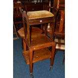 AN EDWARDIAN OAK PIANO STOOL, an oak two tier tea trolley, an Edwardian octagonal occasional table