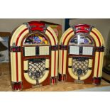 TWO NOVELTY RADIO/CASSETTE PLAYERS, modelled as Juke Boxes (one with box), height 36cm (2)