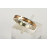 A BI-COLOUR BAND RING, with a central yellow gold band and slightly raised white gold edges, stamped