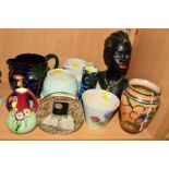 A SMALL GROUP OF VASES, JUGS AND LAMP BASE, to include Collard Honiton vase, height 15cm, a small