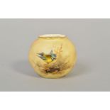 A SMALL ROYAL WORCESTER BULBOUS VASE, decorated with blue Tit on gilt branch, green backstamp and