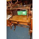 A REPRODUCTION WALNUT AND MAHOGANY SOFA TABLE, together with a drop leaf occasional table (2)