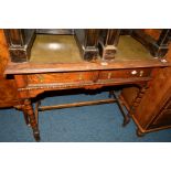 AN EARLY 20TH CENTURY OAK HALL TABLE, with a green tooled leather inlay top, two short drawers on