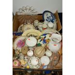 TWO BOXES OF CERAMICS ETC, to include Crown Stafford teawares, Dartington Daisy plate, decorative