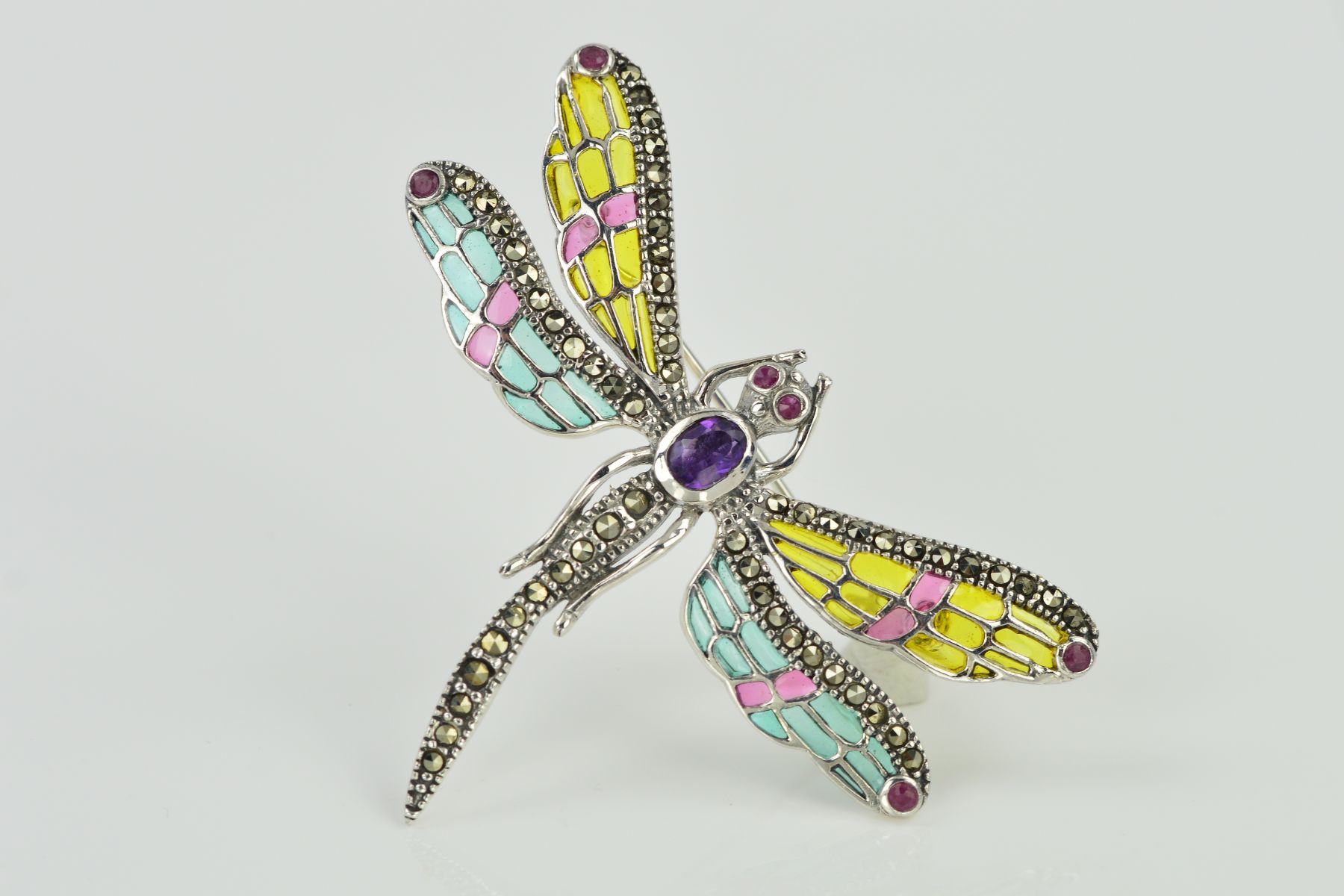 A PLIQUE-A-JOUR, GEM AND MARCASITE DRAGONFLY BROOCH/PENDANT, the yellow, red and green enamel - Image 3 of 3