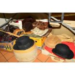 A QUANTITY OF HATS, CLOTHES, HANDBAGS, etc