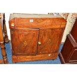A GEORGIAN MAHOGANY, BANDED AND SHELL INLAID HANGING TWO DOOR CUPBOARD, width 58cm x height 63cm (