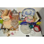 TWO BOXES AND LOOSE CERAMIC AND GLASS ITEMS, etc, to include Waterford Crystal ashtray, Wedgwood