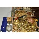 TWO BOXES AND LOOSE METALWARES ETC, to include brass and copper kettles, brass ornaments, plated and