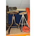 A DISTRESSED VINTAGE INDUSTRIAL SWIVEL HIGH CHAIR and stool (2)