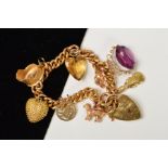 A 9CT GOLD CHARM BRACELET, the curb link bracelet suspending eight charms, to include a hinged