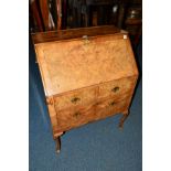 A REPRODUCTION BURR WALNUT AND BANDED LADIES FALL FRONT BUREAU, revealing a fitted interior, above