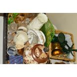 TWO BOX/BASKET SUNDRY, GLASS AND CERAMIC ITEMS, to include Aynsley 'Cottage Garden' footed bowl,