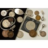 A SELECTION OF SILVER AND WHITE METAL JEWELLERY AND COINS, to include a St Christopher pendant, a
