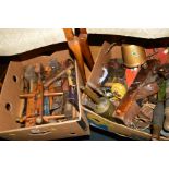 TWO BOXES CONTAINING VARIOUS VINTAGE HAND TOOLS to include smoothing and moulding planes, etc