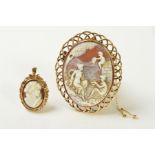 TWO 9CT GOLD CAMEO BROOCHES, both of oval outlines, the first with repeated arched wire surround,