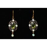 A PAIR OF PERIDOT AND OPAL PENDANT EARRINGS, each designed as a central oval peridot cabochon within
