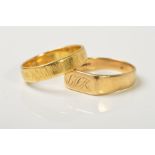 A 9CT GOLD SIGNET RING AND A BAND RING, the signet ring with engraved initials, with 9ct hallmark
