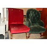 AN UPHOLSTERED BUTTONED BEDROOM CHAIR, together with another chair (2)