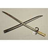 A FRENCH CHASSEPOT BAYONET AND SCABBARD, blade is marked 'Chatellerault 1872' scabbard does not bear