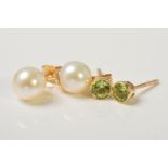 TWO PAIRS OF GEM EARRINGS, the first a pair of cultured pearl ear studs, stamped 375, the second a