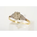 A LATE 19TH CENTURY TO EARLY 20TH CENTURY GOLD SINGLE STONE DIAMOND RING, one old cushion diamond,